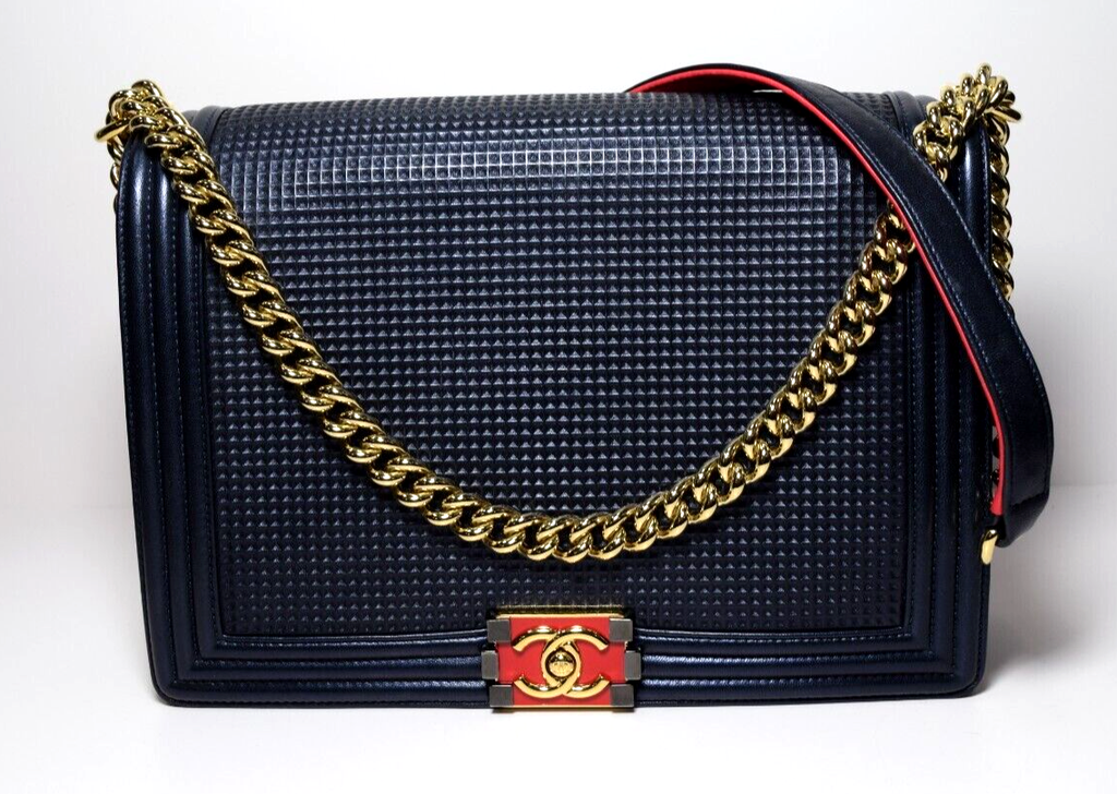 Chanel Boy Flap Bag Cube Embossed Lambskin Large - Blue #1