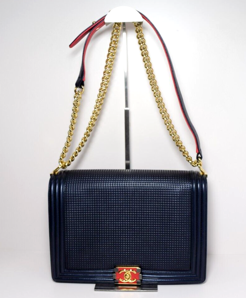 Chanel Boy Flap Bag Cube Embossed Lambskin Large - Blue #9