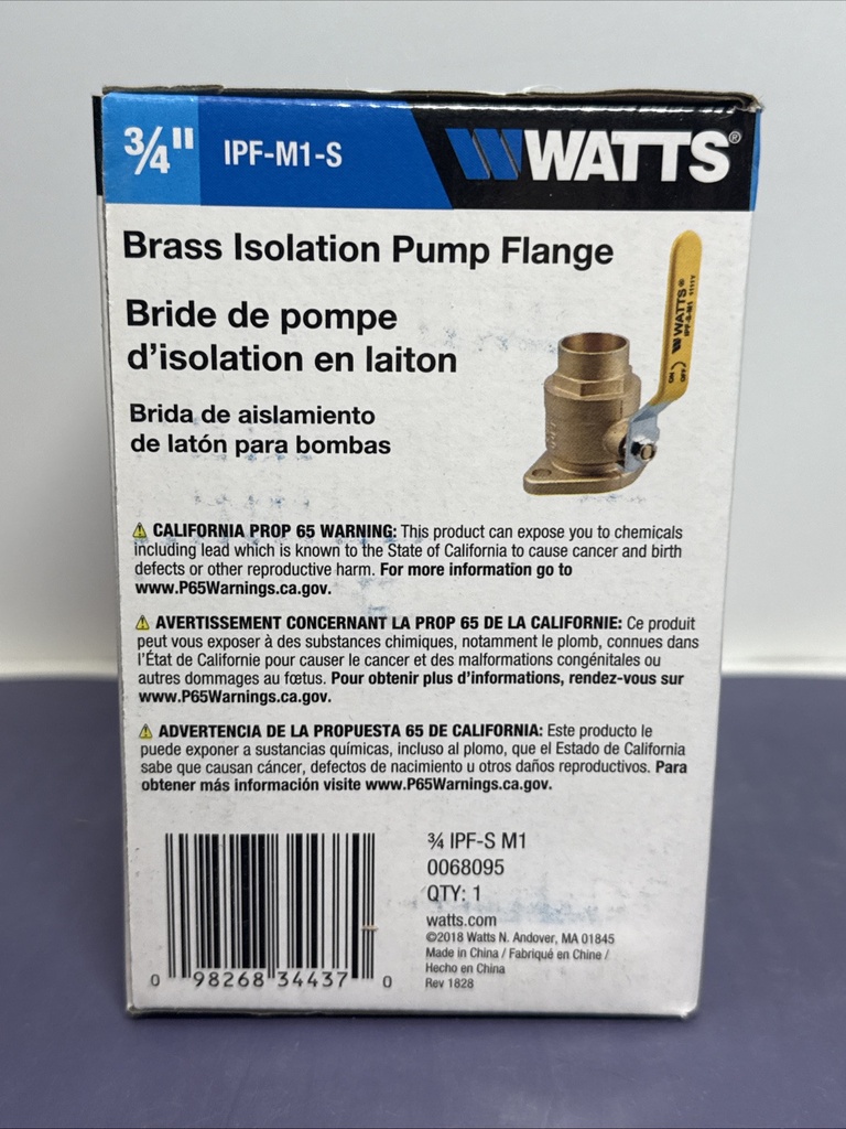 WATTS Threaded Isolation Pump Flange 3/4" IPF-t-M1  600 WOG - OPEN BOX #2