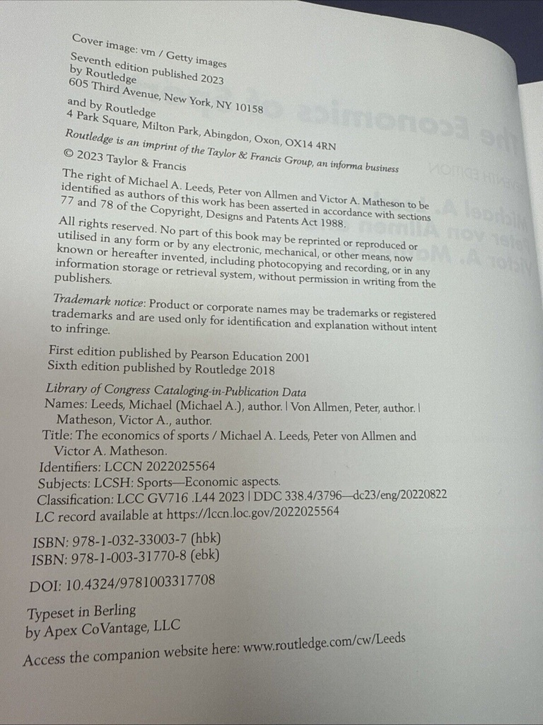 The Economics of Sports, , Leeds, Michael A.,von Allmen, Peter,Matheson, Victor #3