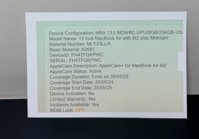 Apple MacBook Air 2022 13" 256GB SSD 8C GPU M2 8GB RAM A2681 Midnight- 100% Batt #7