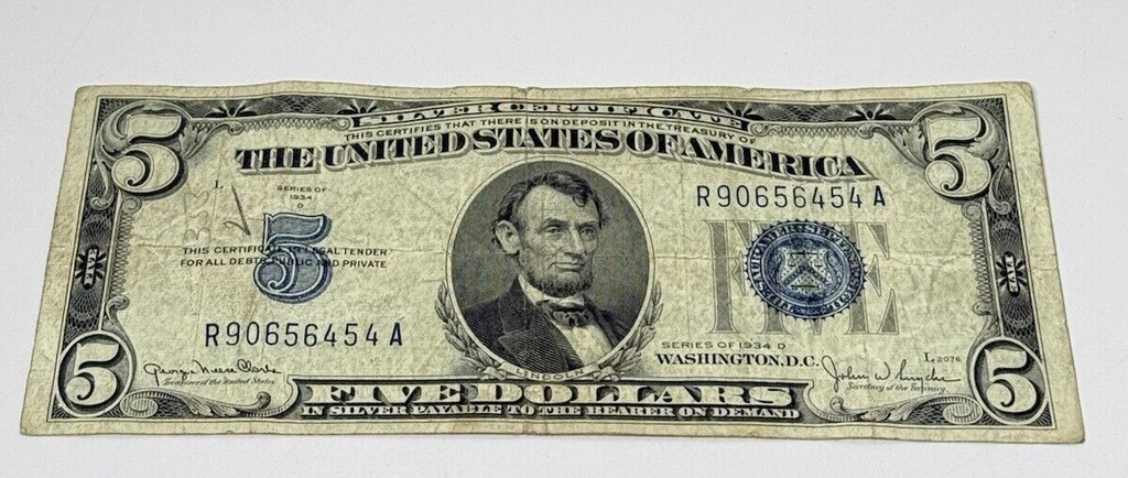 1934 A $ 5 Dollar Silver Certificate Bill Note Washington D.C. Very Rare #2