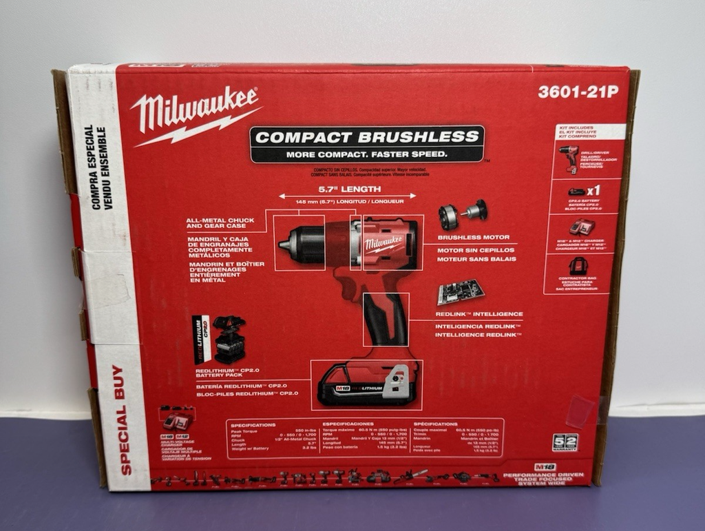 New Milwaukee M18 18V Cordless 1/2” Drill Driver Kit 3601-21P Compact Brushless #1