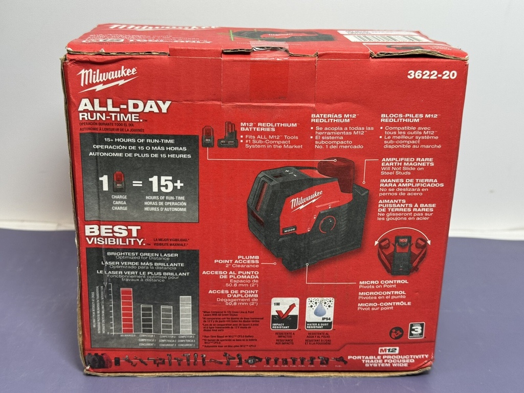 New - Milwaukee 3622-20 M12 Green Laser Level - Red/Black #2