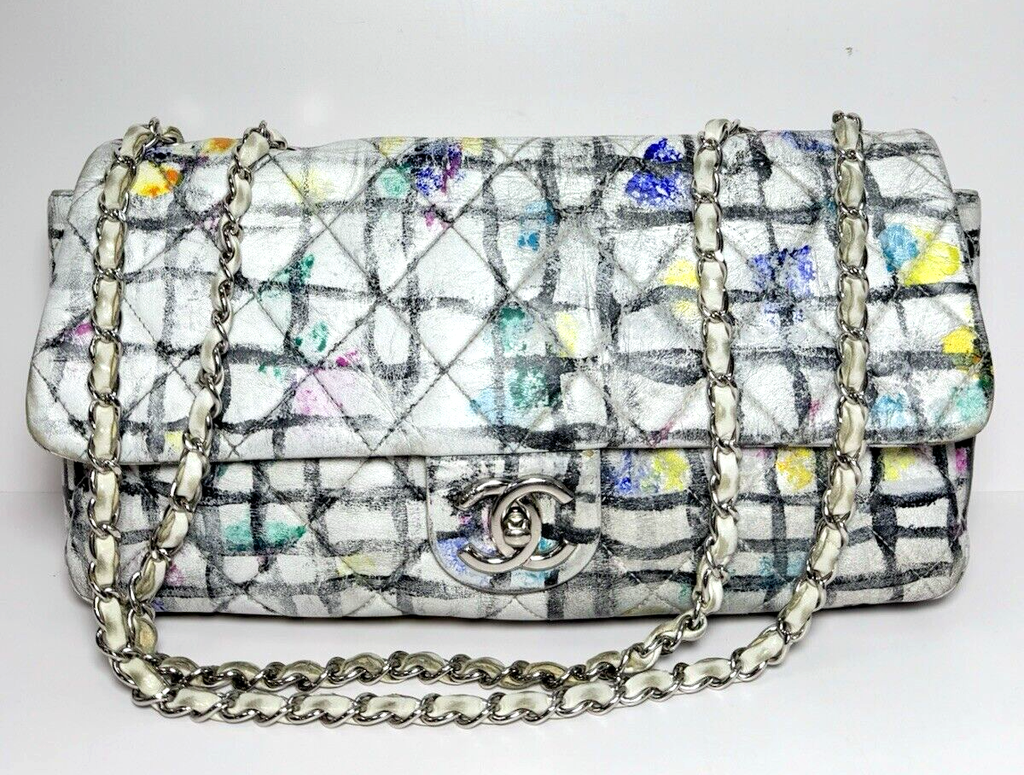 Chanel Classic Flap Bag Hand-Painted Graffiti SS14 White Leather w/ Entrupy COA #5