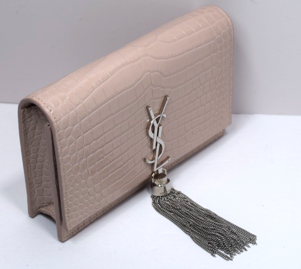Saint Laurent Classic Monogram Tassel Crossbody Bag Crocodile Embossed Pink #8