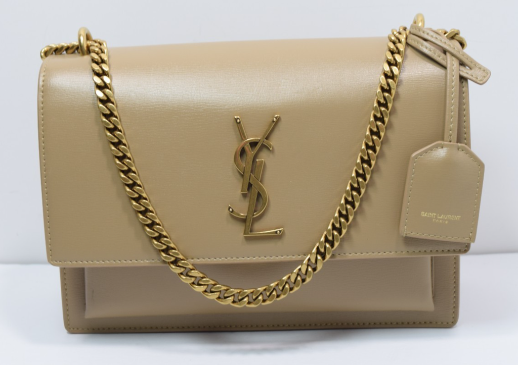 Saint Laurent Sunset Medium Bag Latte Cream Leather Gold Logo COA #1