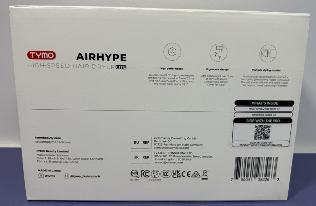 NEW TYMO Airhype Lite High Speed Hair Dyer w Diffuser Dk Gray 1500W Open Box #1