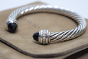 David Yurman 7mm Cable Bracelet Sterling Silver Black Onyx & Diamond Ends used