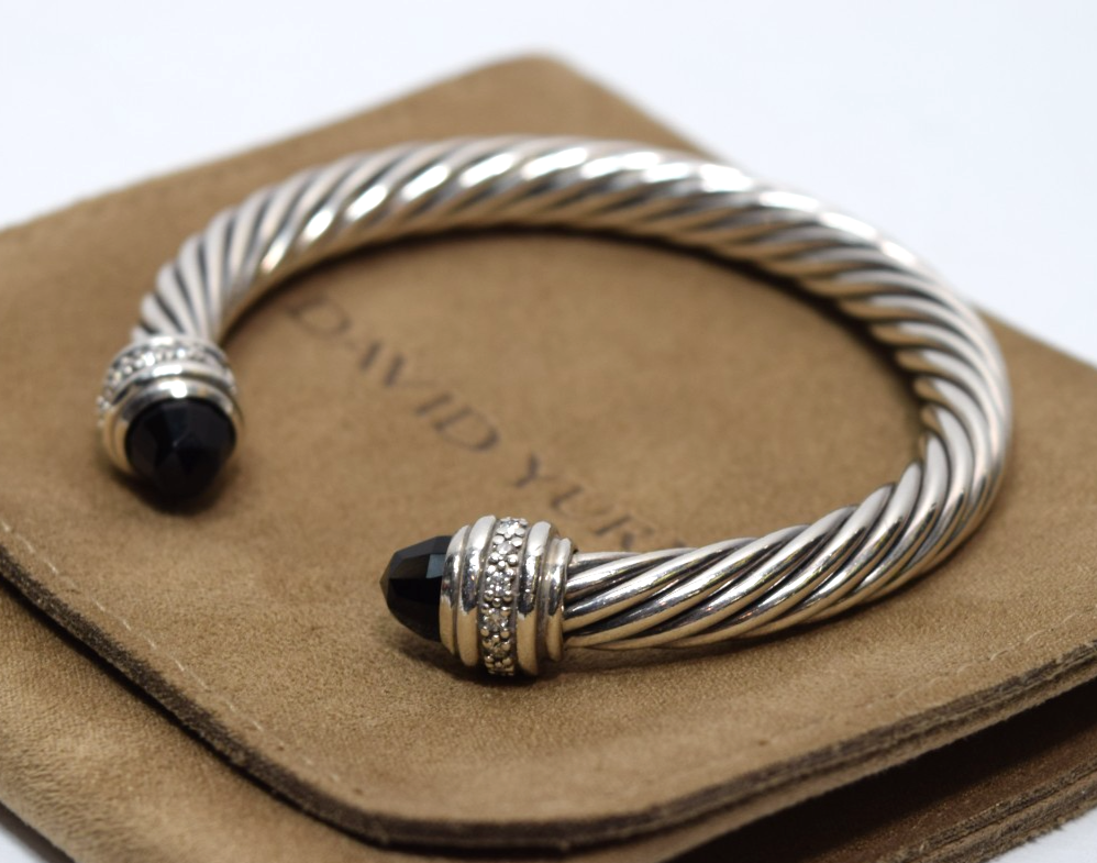 David Yurman 7mm Cable Bracelet Sterling Silver Black Onyx & Diamond Ends #5