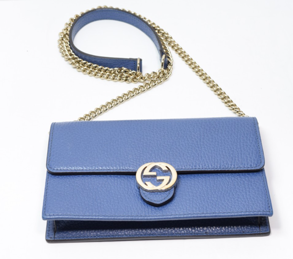 GUCCI Dollar Interlocking G Calfskin Leather Chain Wallet Crossbody Bag Blue #1