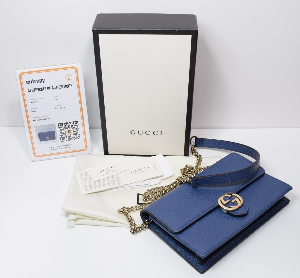GUCCI Dollar Interlocking G Calfskin Leather Chain Wallet Crossbody Bag Blue #10