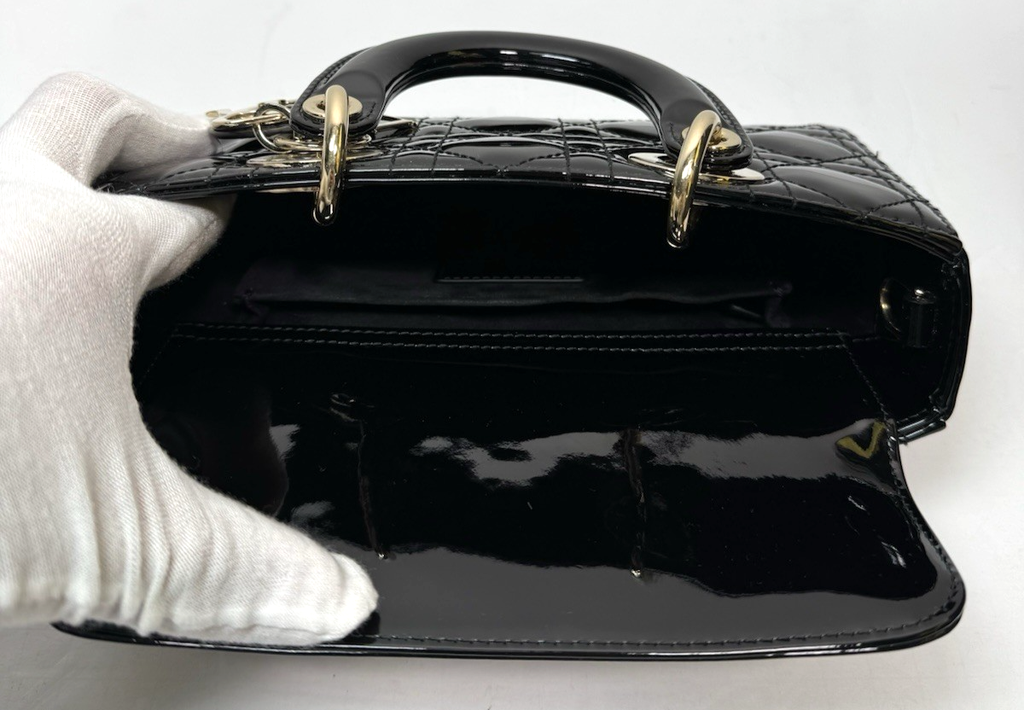 Christian Dior Lady D-Joy Bag Cannage Quilt Patent Small Black -No Strap #17
