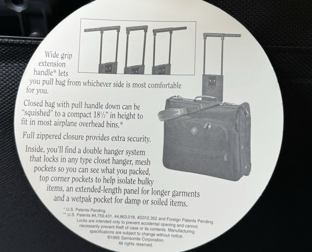 Samsonite Rolling Garment Bag w/ Wheels 42" Black Travel Suit Carry Case #9