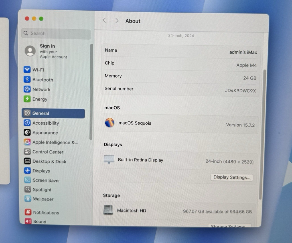 Apple iMac 24” 2024 M4 10-Core CPU/ 10-Core GPU, 24GB RAM, 1TB SSD, AppleCare #7