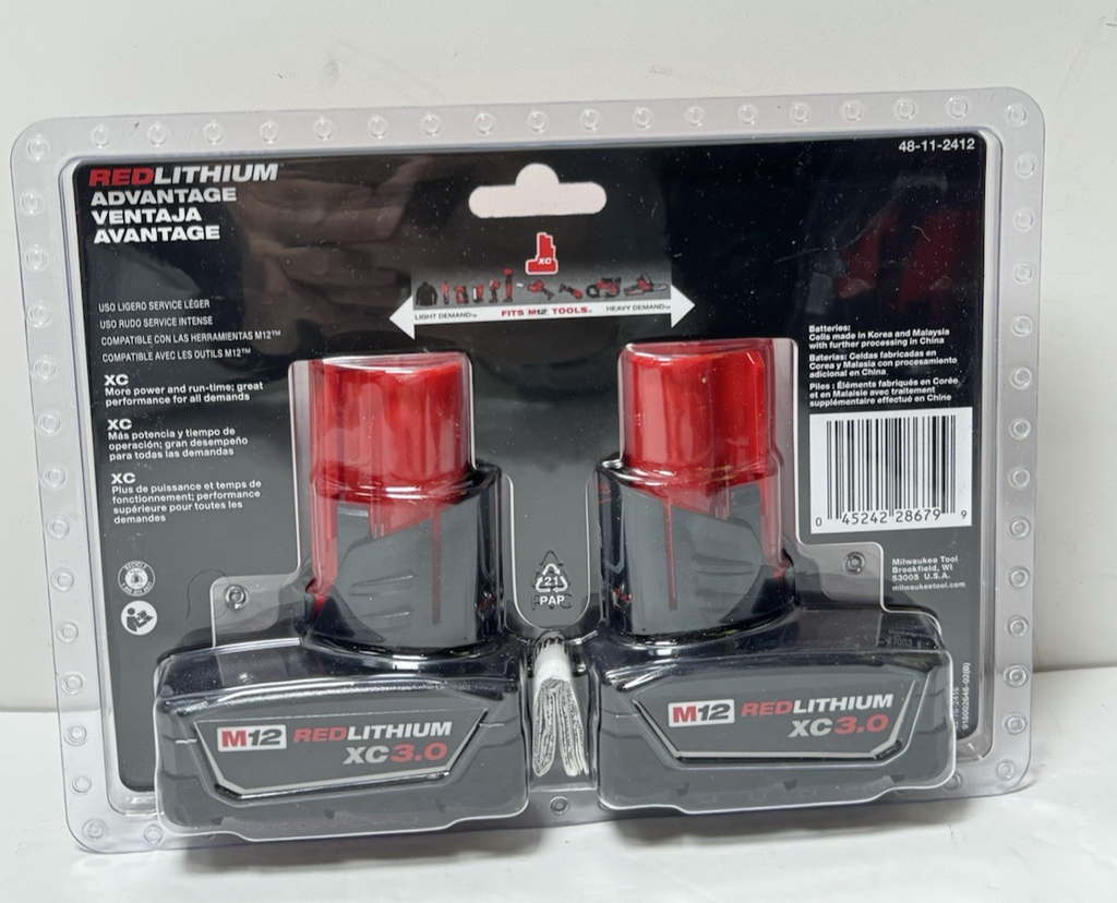 Milwaukee M12 48-11-2412 12 Volt 3.0 AH XC Red Lithium Batteries 2 Pack-New #1