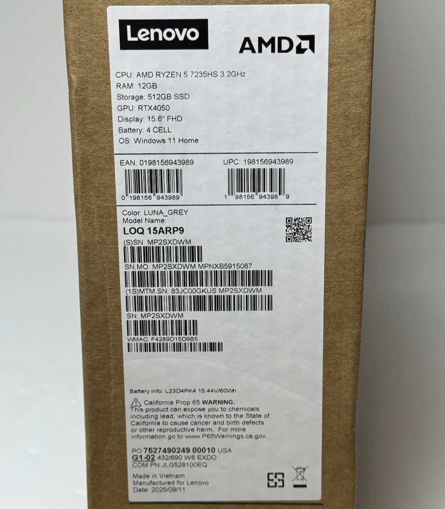 Lenovo LOQ 15.6" Gaming Laptop AMD Ryzen 5 7235HS 12GB RAM RTX 4050 512GB SSD #12