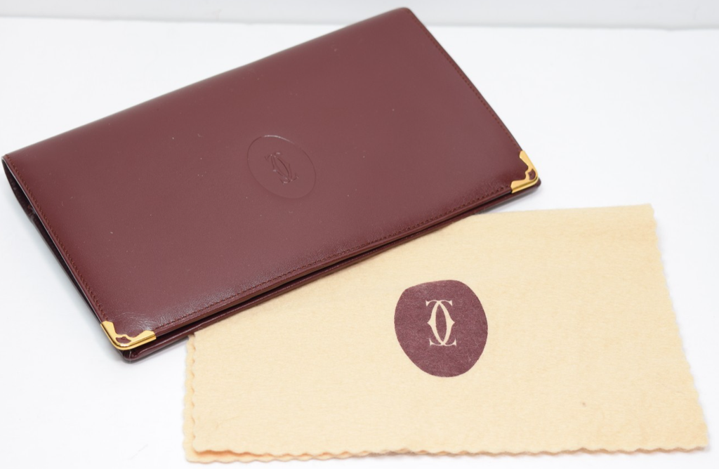 Cartier Long Folding Wallet Burgundy Leather  "Double C" Logo #12