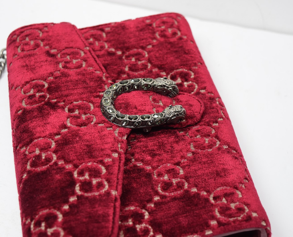 Gucci Dionysus Velvet GG Monogram Chain Wallet Red #3