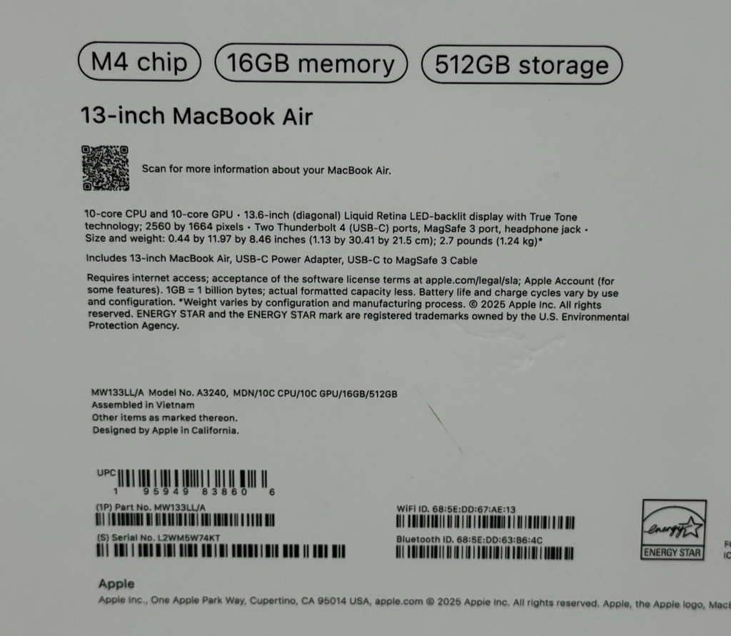 Apple MacBook Air 13" M4  16GB RAM 512GB SSD Midnight MW133LL/A, only 3 cycles #4