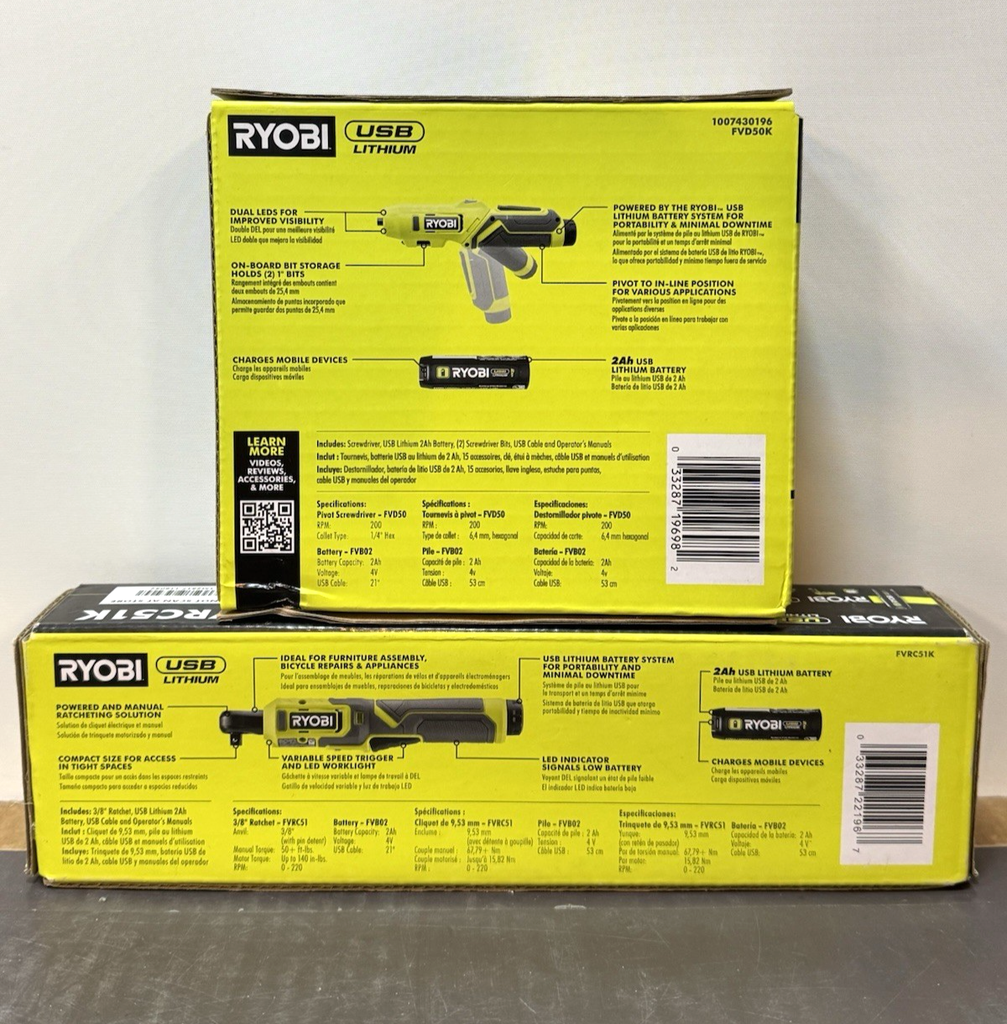 Ryobi FVRC51K Ratchet + FVD50K Screwdriver Kit 2Ah Battery USB Lithium - NEW #1