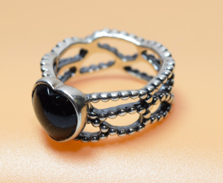 Pandora ALE 925 Mi Amor Black Onyx Heart Sterling Silver Band Ring SIZE 8 #2