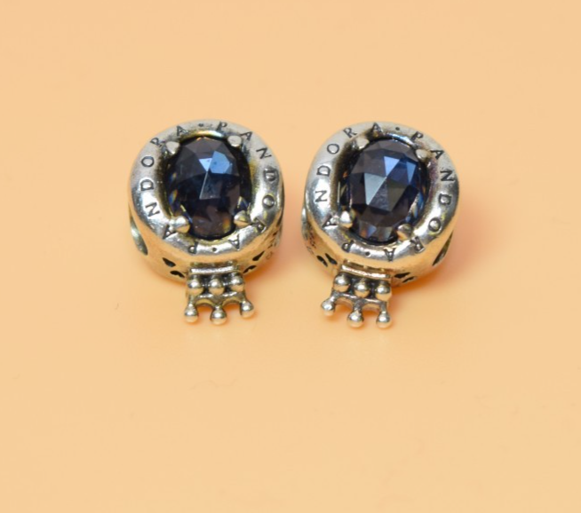 2 X PANDORA Crown O Sterling Silver Charm With Moonlight Blue Crystal -798266NMB #3