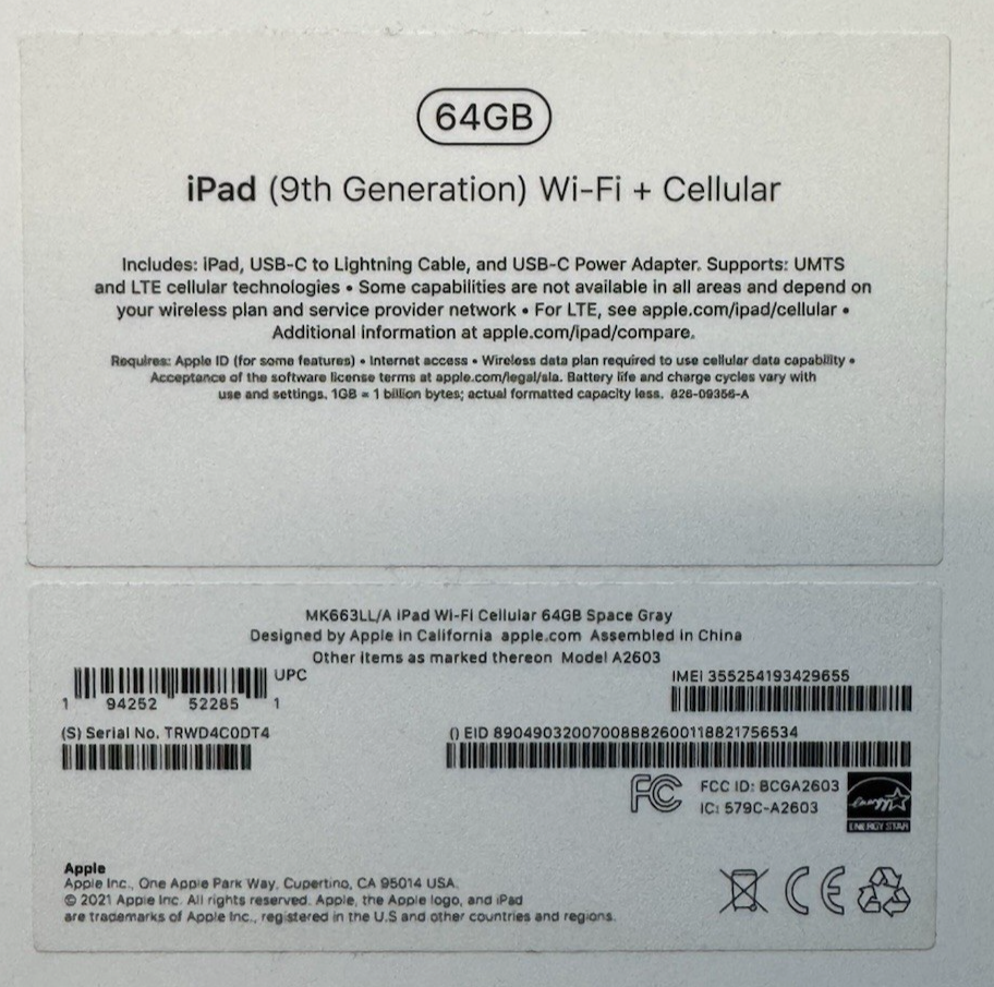 Apple iPad 9th Gen 10.2 " A2603 Wi-Fi+ Cellular 64GB Space Gray, 100% batt #9