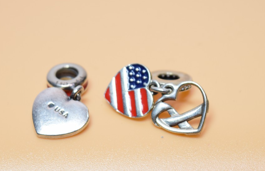 Pandora USA Flag Heart & Peace Dangle Charm Lot 2pc S925 ALE #6
