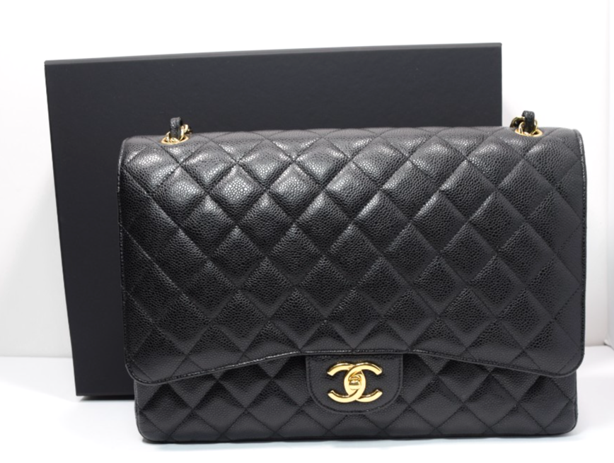 Chanel Classic Maxi Double Flap Black Caviar Leather Gold Hardware w/ Box & Dust