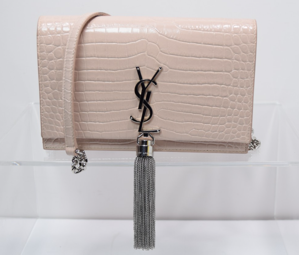 Saint Laurent Classic Monogram Tassel Crossbody Bag Crocodile Embossed Pink