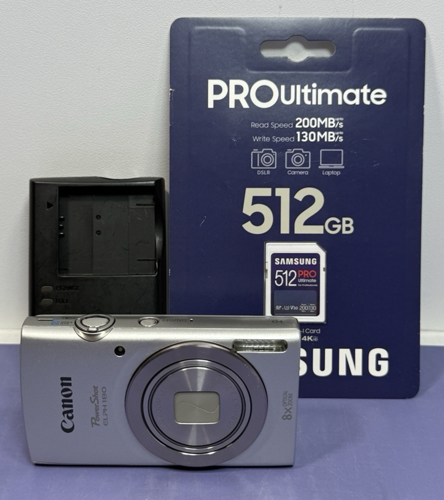 Canon PowerShot ELPH 180 20MP 8x Zoom Silver Canon Charger W/ 512gb SD Card