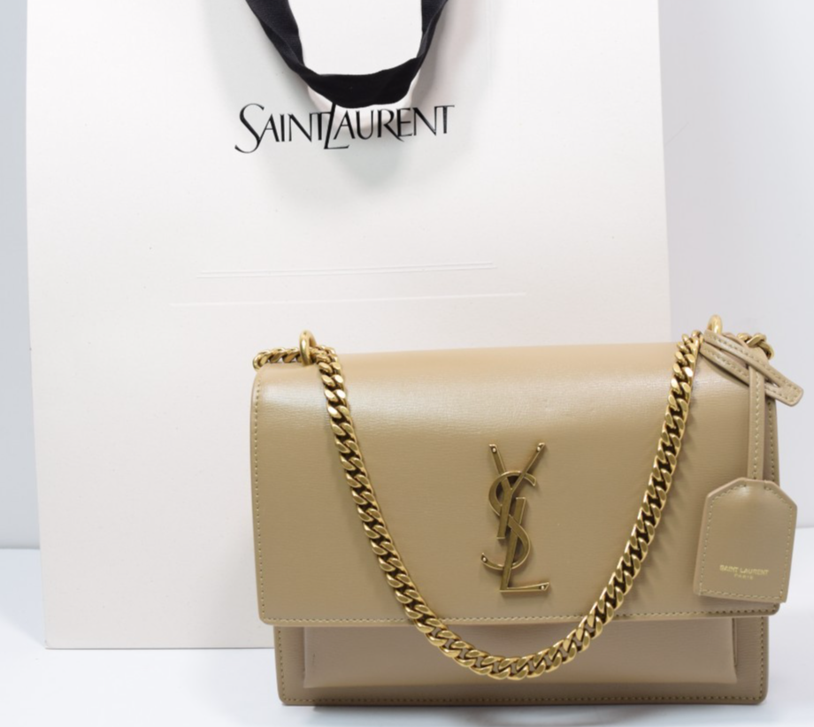 Saint Laurent Sunset Medium Bag Latte Cream Leather Gold Logo COA