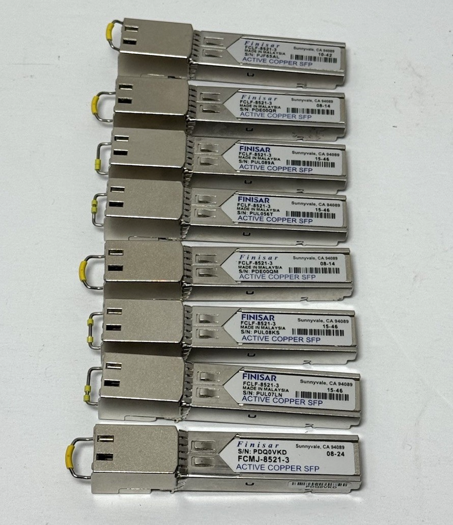 Lot of 8 Finisar FCLF-8521-3 Active Copper SFP Transceivers – Tested Pulls