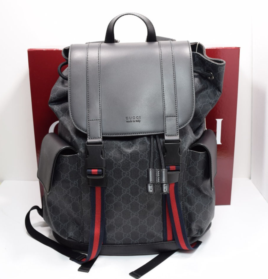 GUCCI 495563 GG Supreme Canvas Backpack Black Leather Trim Men's Bag