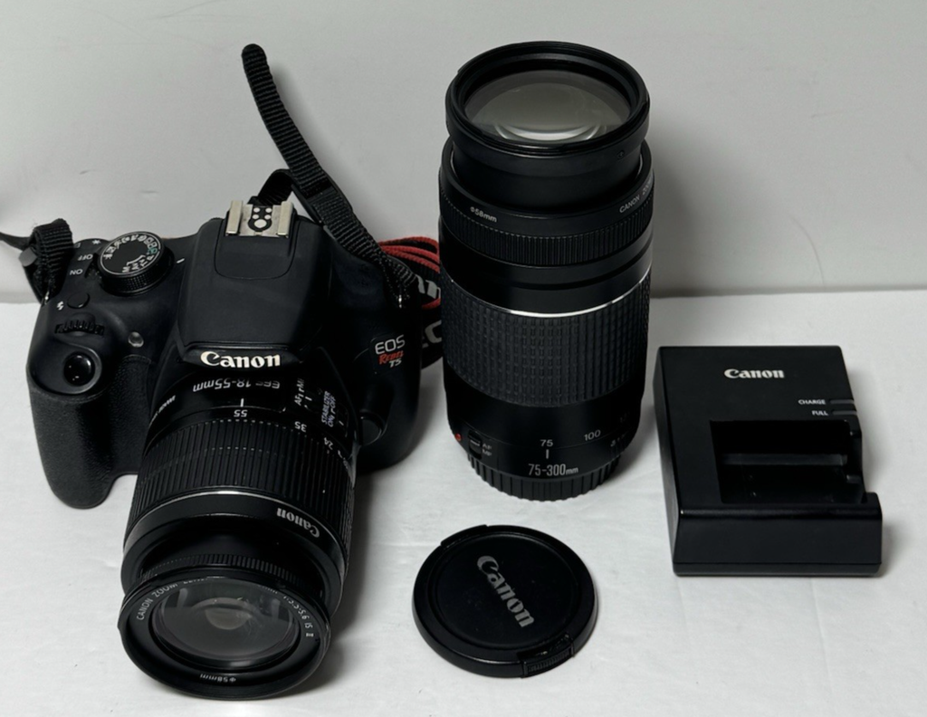Canon EOS Rebel T5 DSLR Camera with 18-55mm, 75-300mm lens, batt-charger