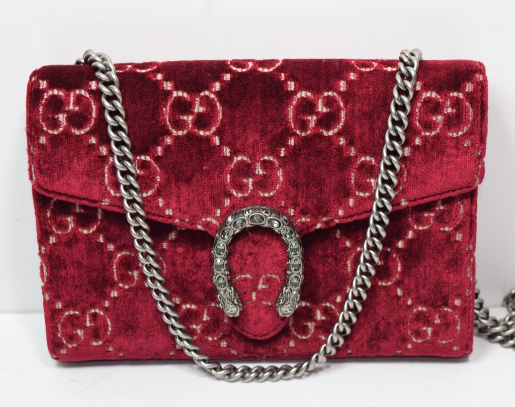 Gucci Dionysus Velvet GG Monogram Chain Wallet Red