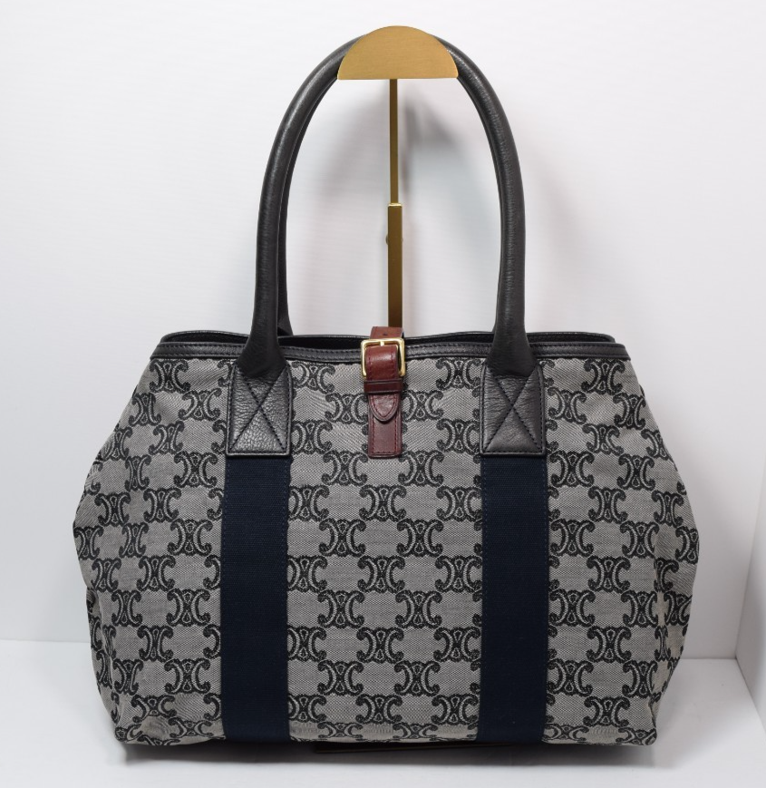 CELINE Macadam Canvas Hand Bag Navy Gold