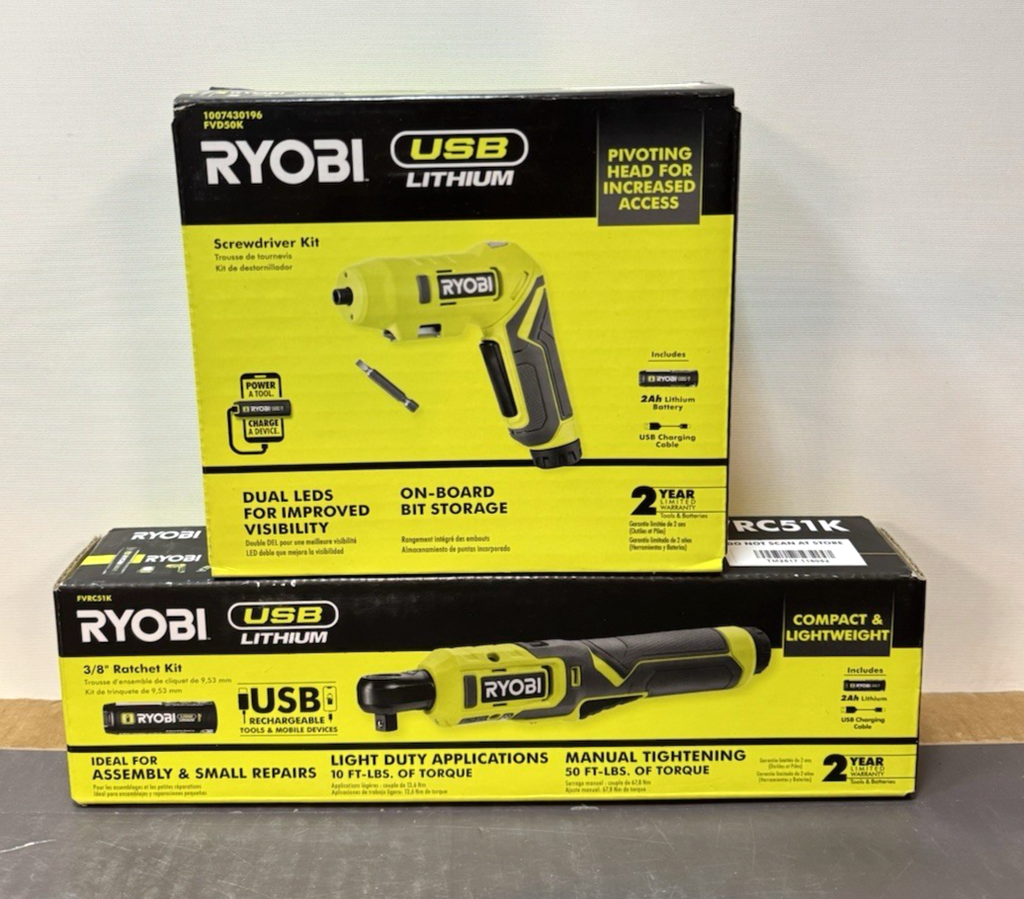 Ryobi FVRC51K Ratchet + FVD50K Screwdriver Kit 2Ah Battery USB Lithium - NEW