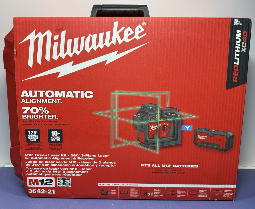 Milwaukee 3642-21 M12 Green 360 3-Plane Laser Kit W/Auto Alignment & Receiver