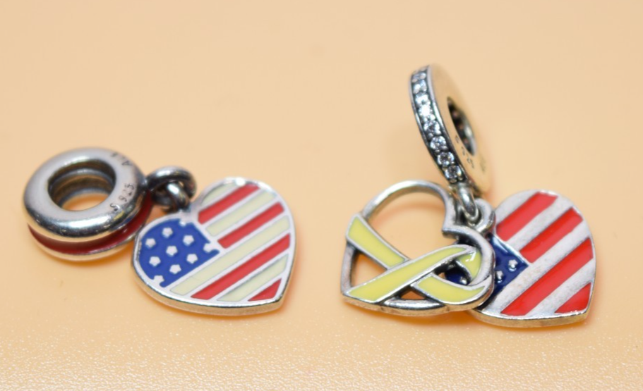 Pandora USA Flag Heart & Peace Dangle Charm Lot 2pc S925 ALE