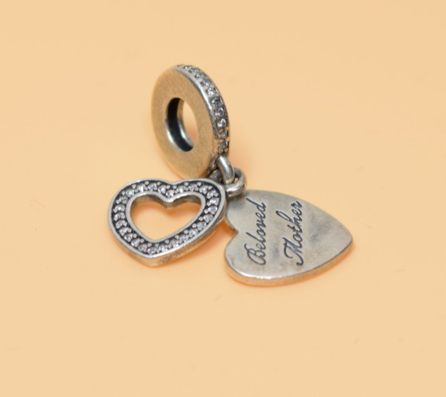 BELOVED MOTHER Genuine PANDORA Silver HEARTS Dangle MOM DAY Charm