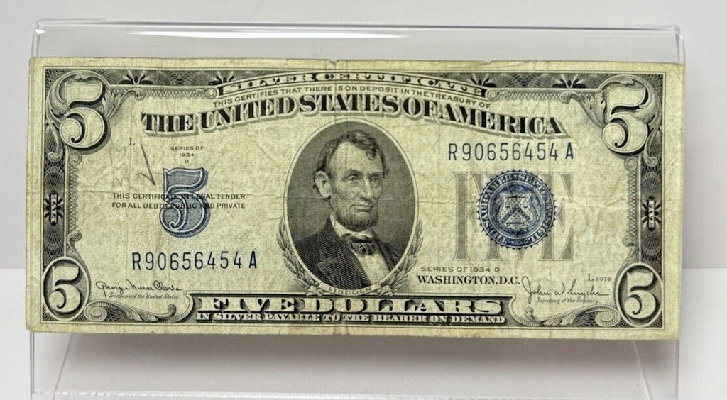 1934 A $ 5 Dollar Silver Certificate Bill Note Washington D.C. Very Rare