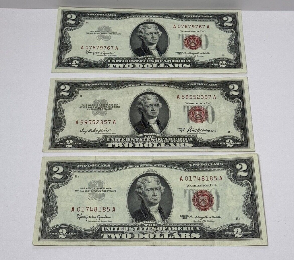 Lot of 3 $2 Bills Red Seal 1963 1963 1953 A
