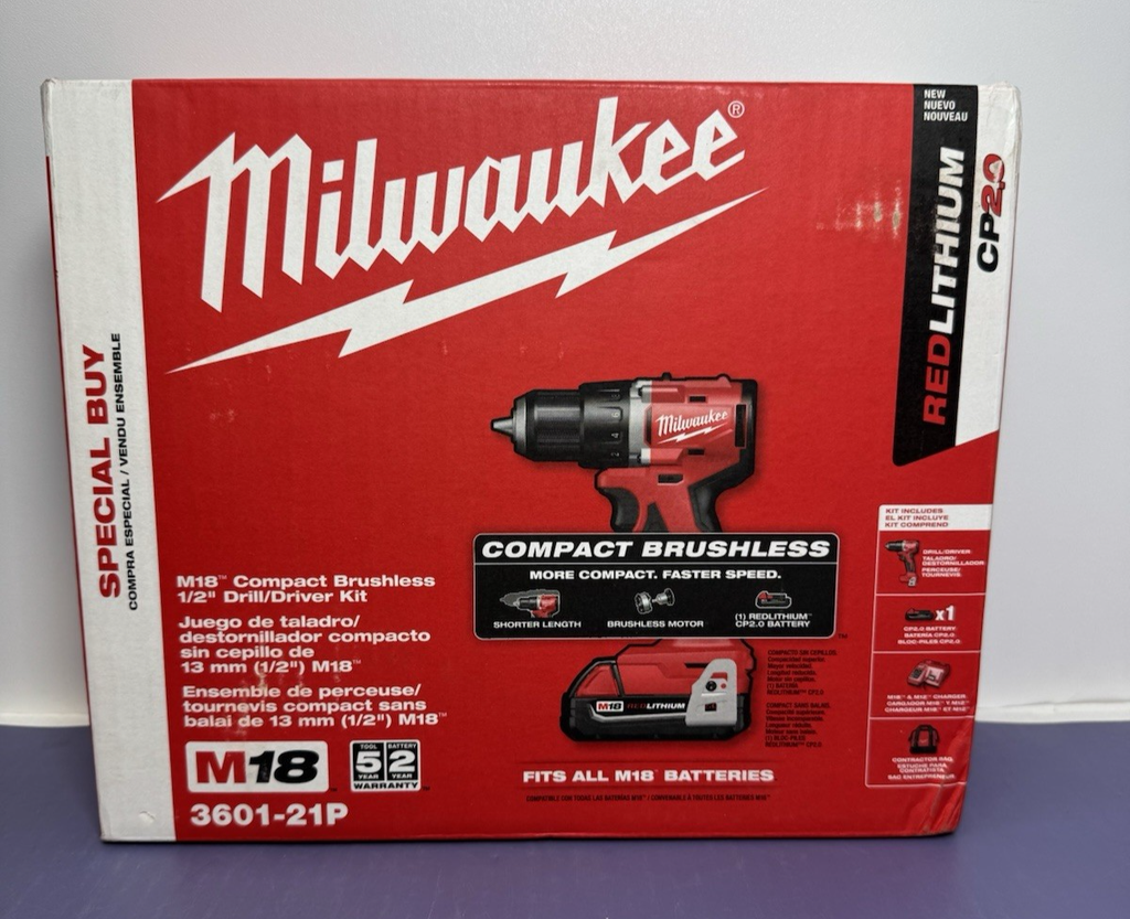 New Milwaukee M18 18V Cordless 1/2” Drill Driver Kit 3601-21P Compact Brushless