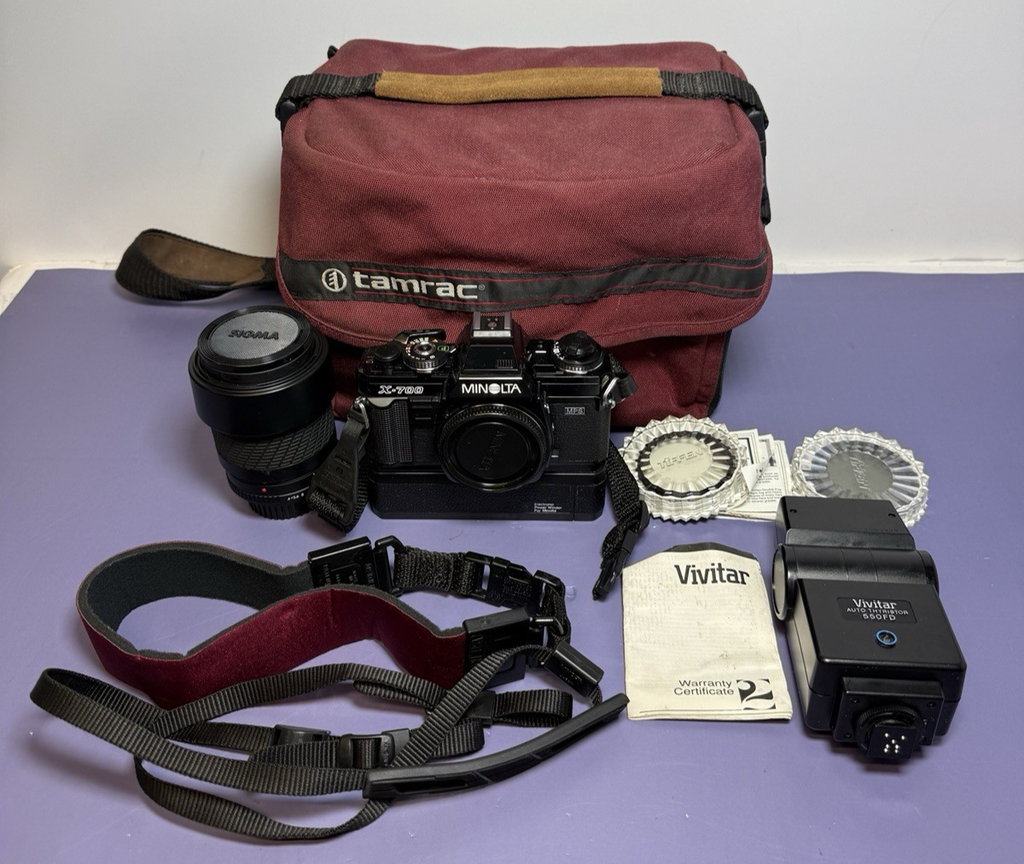 Minolta X-700 Film Camera w/ Power Winder, Sigma 35-135mm Lens, Flash Bundle