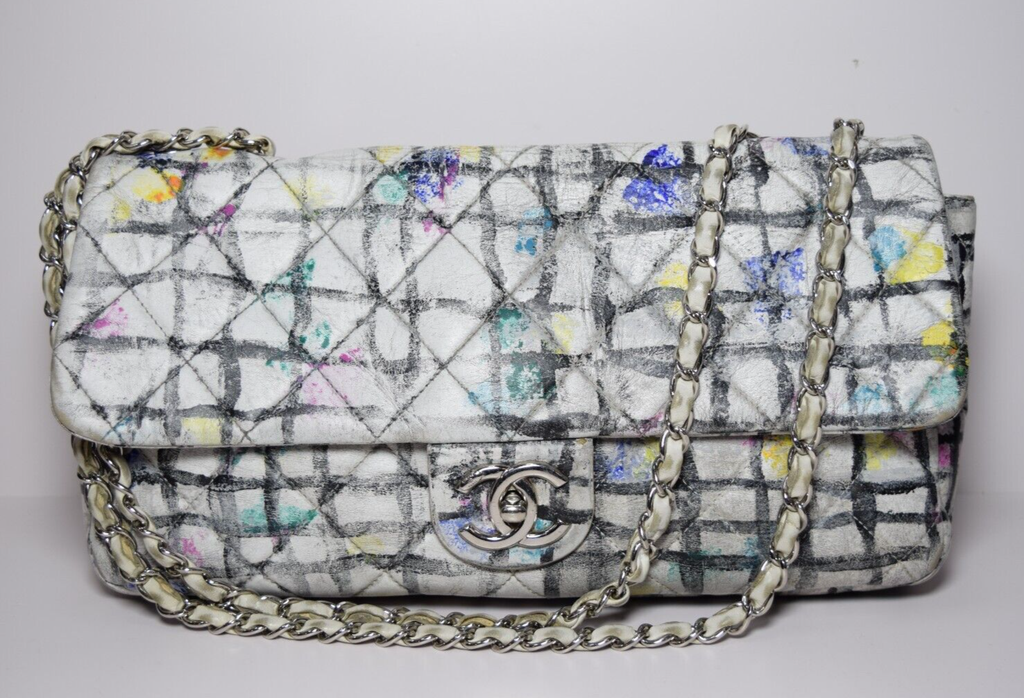 Chanel Classic Flap Bag Hand-Painted Graffiti SS14 White Leather w/ Entrupy COA