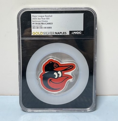 2025 Niue 3 oz Silver $5 MLB Baltimore Orioles Team Logo NGC Graded PF70