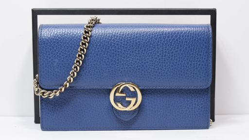 [12542-2] GUCCI Dollar Interlocking G Calfskin Leather Chain Wallet Crossbody Bag Blue