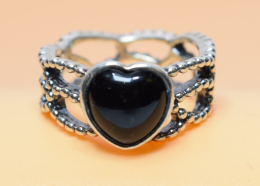 [FRB] Pandora ALE 925 Mi Amor Black Onyx Heart Sterling Silver Band Ring SIZE 8